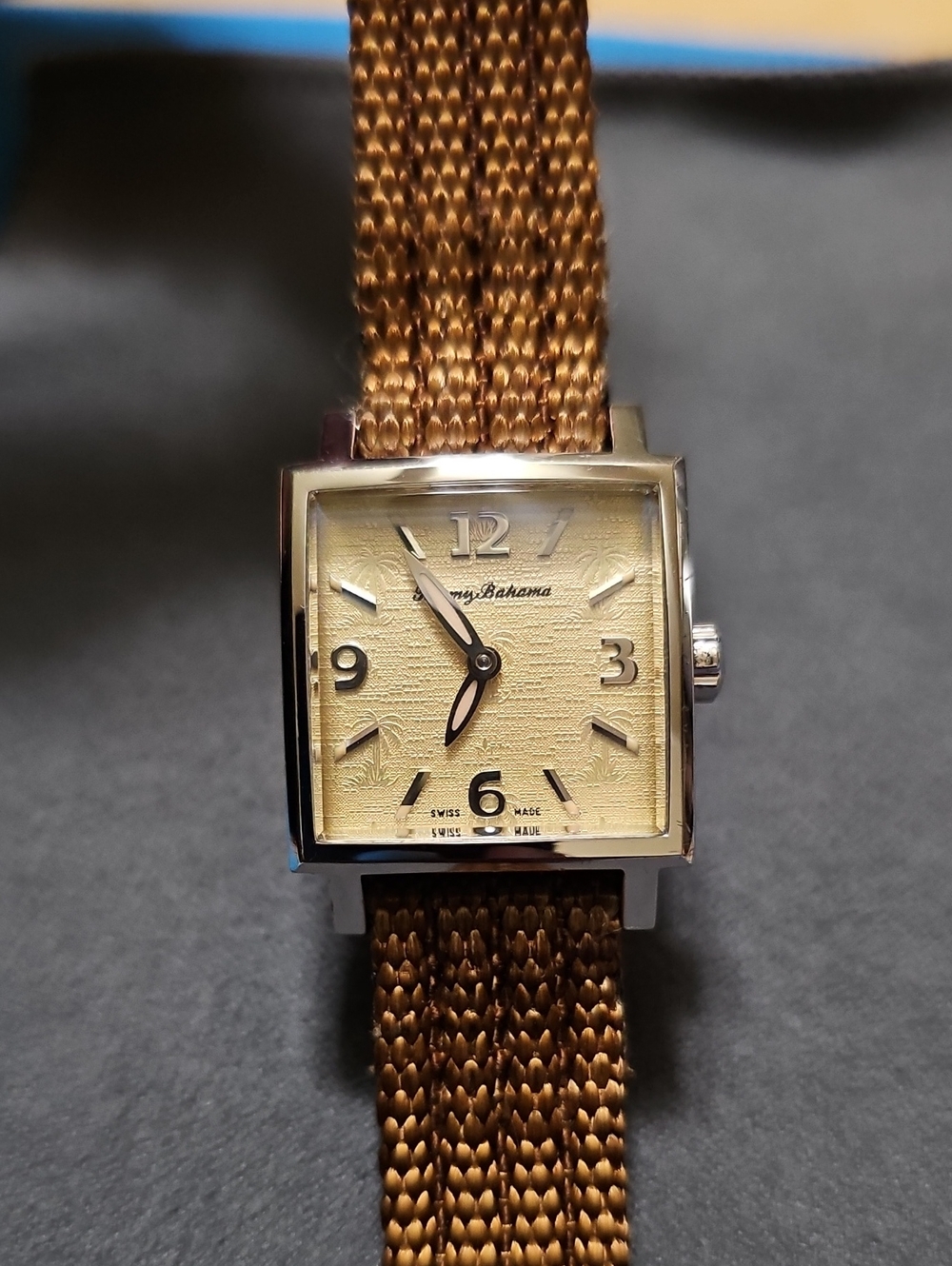 Tommy Bahama Gold Tone Square Dial Watch with Woven Gold Bracelet